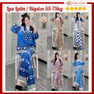 Đồ ngủ nữ bigsize 55-75kg, pijama dài tay dài cổ nhọn lụa latin mịn mát 75DD17, đồ bộ nữ đồ mặc nhà dễ thương sang chảnh