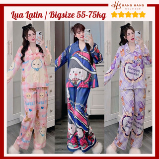Đồ ngủ nữ bigsize 55-75kg, pijama dài tay dài cổ nhọn lụa latin mịn mát 75DD17, đồ bộ nữ đồ mặc nhà dễ thương sang chảnh