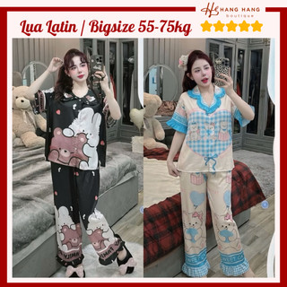 Đồ ngủ nữ bigsize 55-75kg, pijama dài cộc tay viền bèo lụa latin mịn mát 75CD02, đồ bộ nữ đồ mặc nhà tiểu thư dễ thương