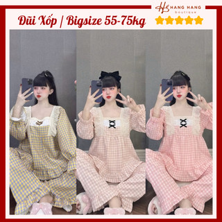 Đồ ngủ nữ bigsize 55-75kg, pijama dài tay cổ vuông đũi thô dày dặn 75DD23, đồ bộ nữ đồ mặc nhà tiểu thư caro sang chảnh