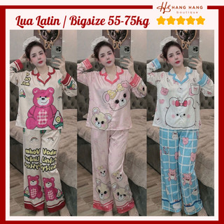 Bộ đồ ngủ pijama nữ bigsize 55-75kg dài tay dài lụa lạnh latin mịn mát 75DD01 mặc nhà dễ thương sang chảnh