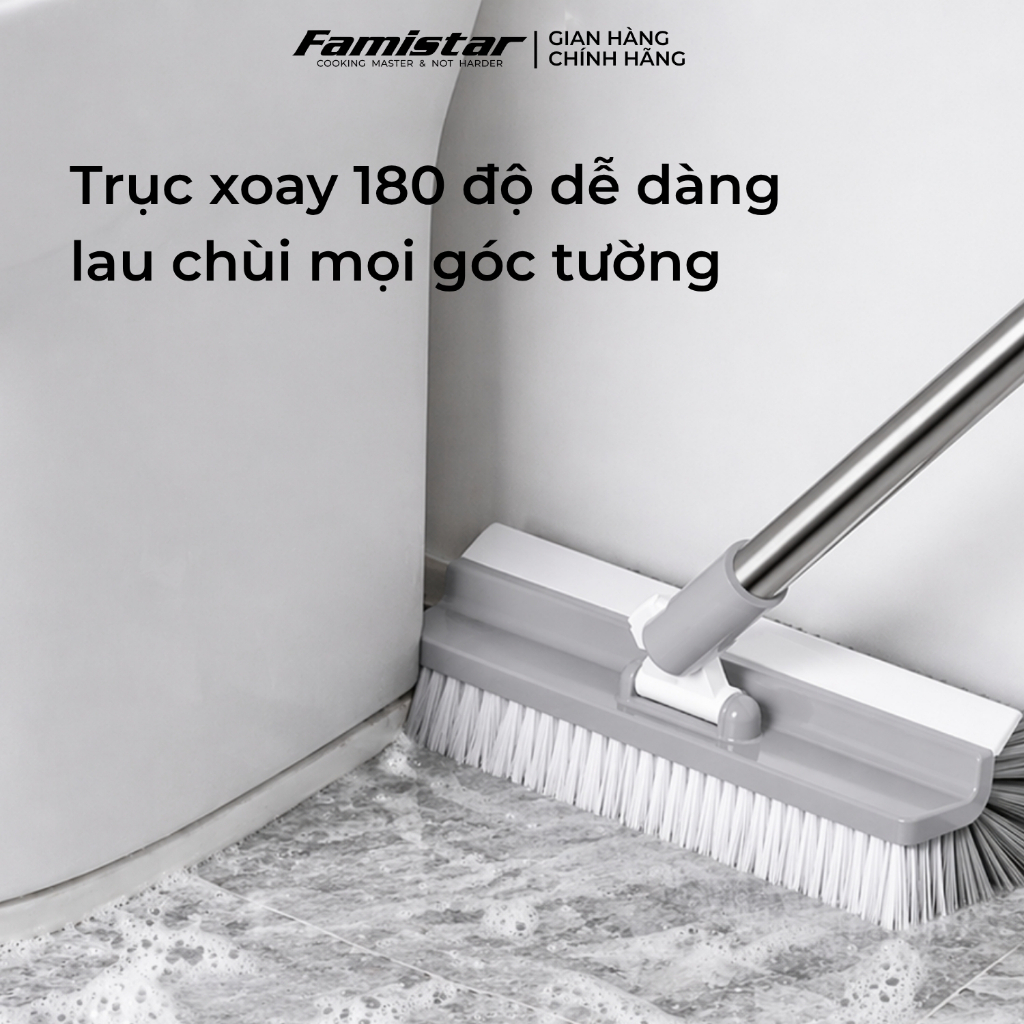 Cây chà sàn nhà tắm đầu chử A xoay 180 độ FAMISTAR, chổi cọ nhà vệ sinh toilet CS-DBS24