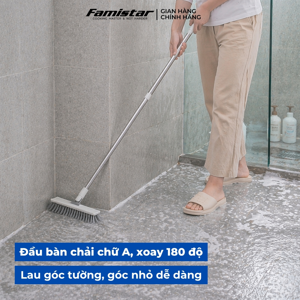 Cây chà sàn nhà tắm đầu chử A xoay 180 độ FAMISTAR, chổi cọ nhà vệ sinh toilet CS-DBS24