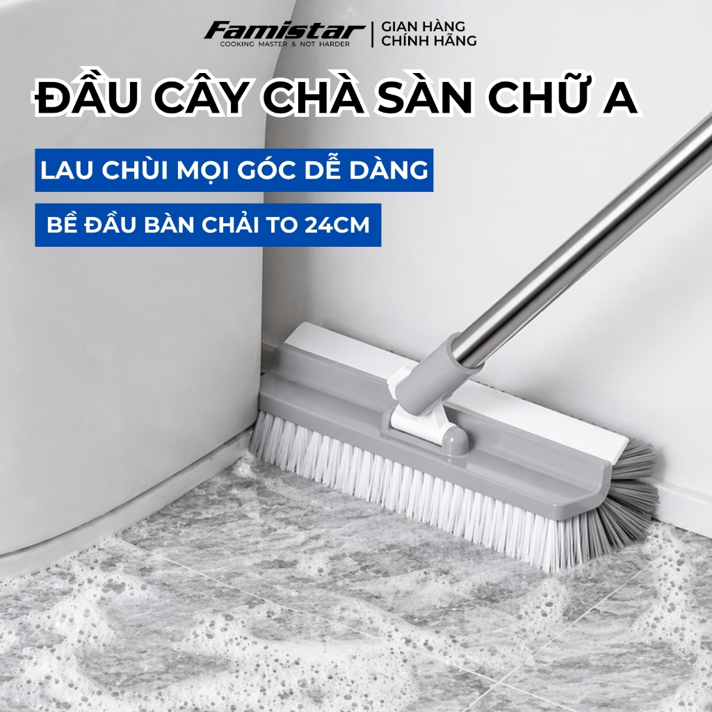Cây chà sàn nhà tắm đầu chử A xoay 180 độ FAMISTAR, chổi cọ nhà vệ sinh toilet CS-DBS24