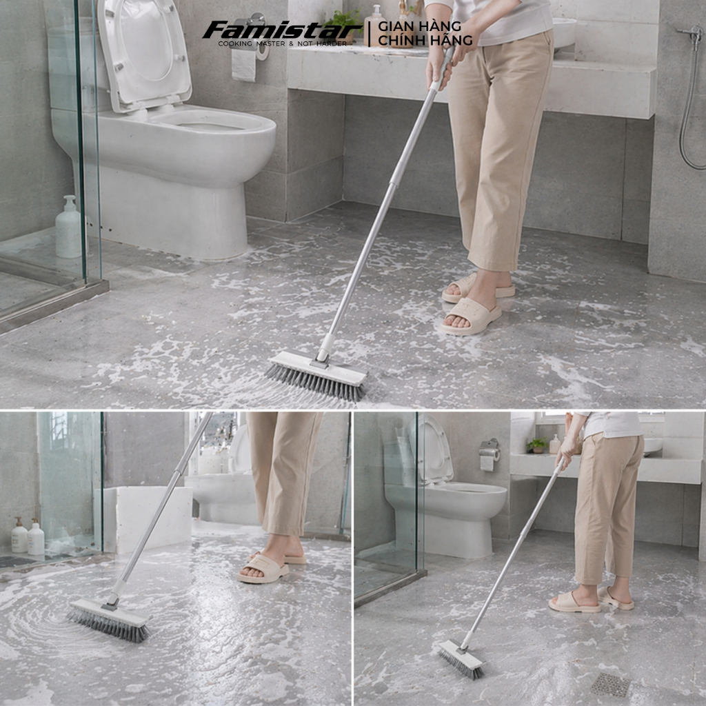 Cây chà sàn nhà tắm đầu chử A xoay 180 độ FAMISTAR, chổi cọ nhà vệ sinh toilet CS-DBS24