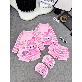 Đồ bơi bé gái họa tiết cầu vồng,labubu gồm áo dài tay +quần đùi ,đồ đi biển bé gái size 10-40kg