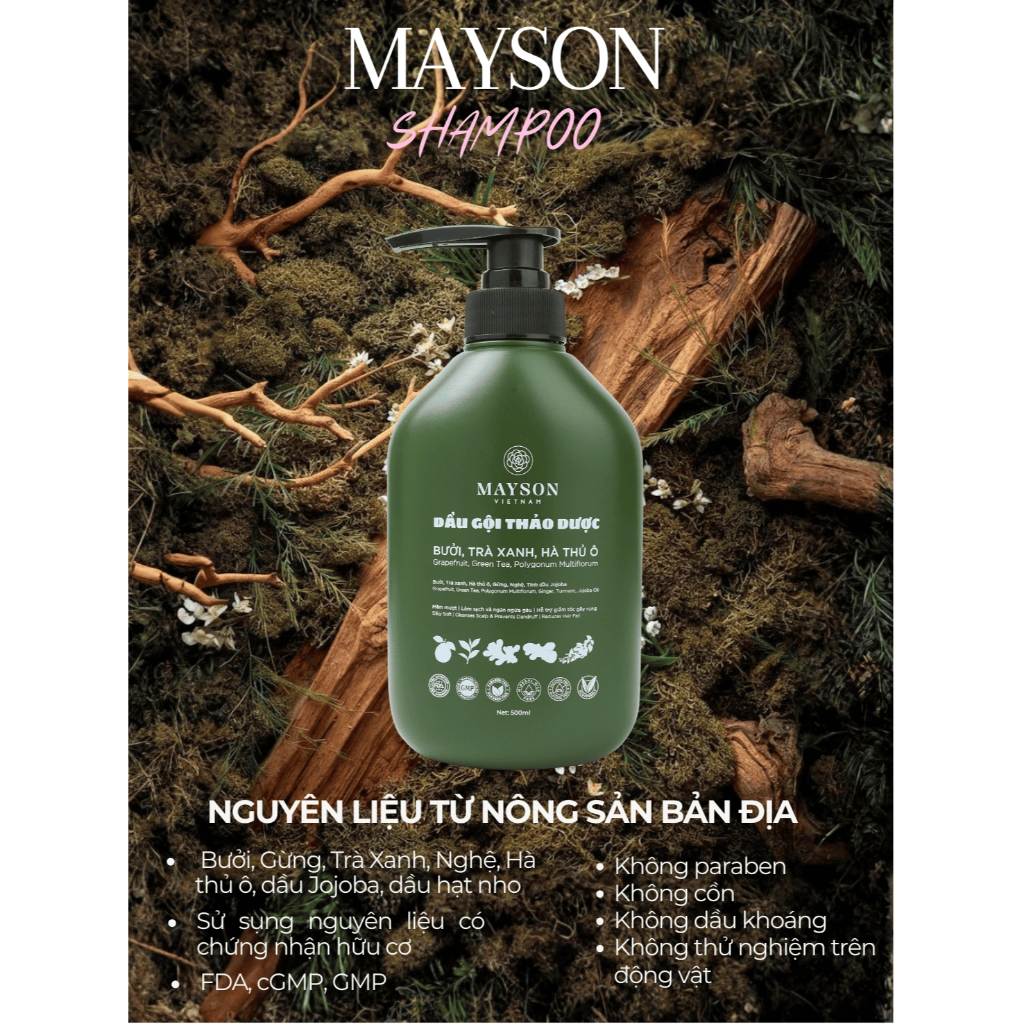 Dầu gội thảo dược Bưởi - Trà xanh - Hà Thủ ô - Gừng - Nghệ MaySon