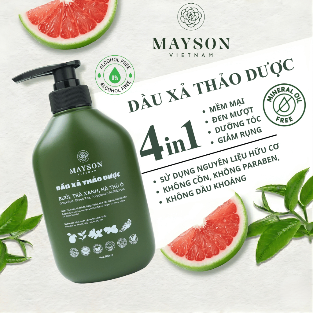 Cặp Gội Xả Thảo Dược Bưởi - Hà Thủ Ô - Trà xanh - Gừng - Nghệ MaySon