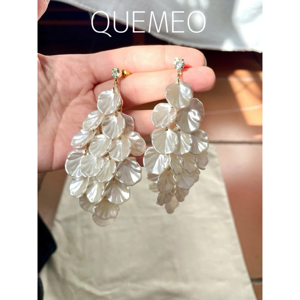 Bông Tai Tua Rua LEIN QUEMEO Bộ Ngọc Trai Nhân Tạo Cánh Hoa Sò
