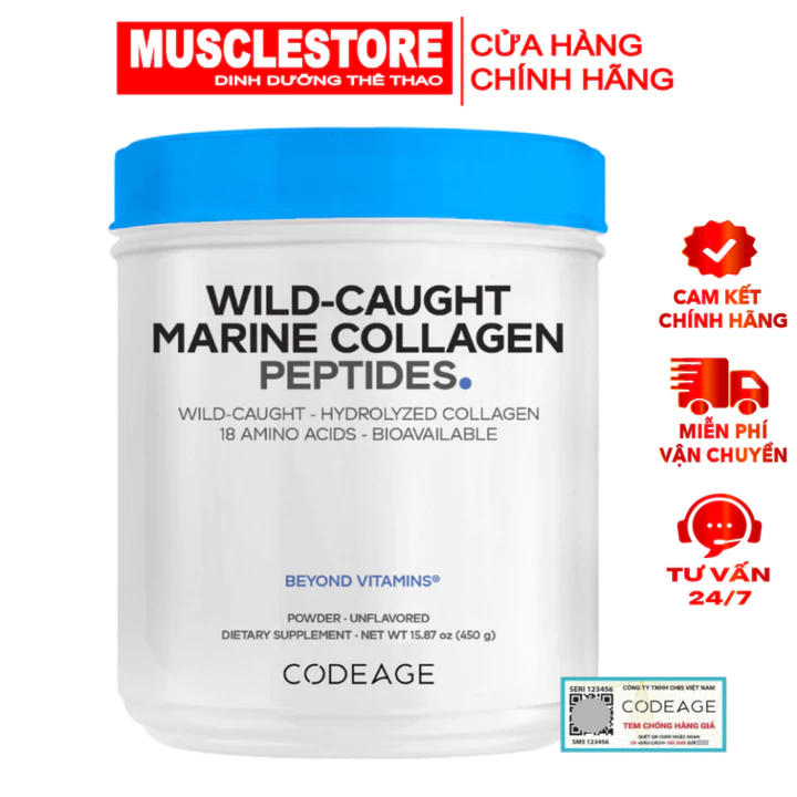 Codeage Collagen Marine Collagen Peptides (450g), Bổ Sung Collagen Thuỷ Phân và 18 Loại Amino Acids
