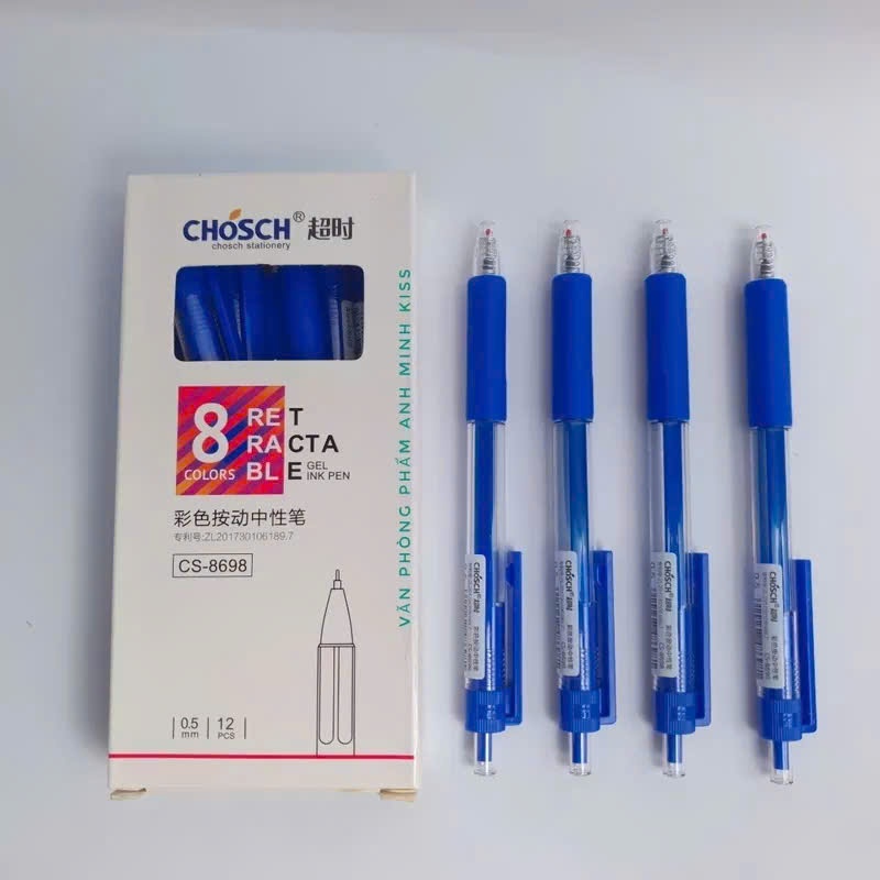 Hộp 12 cây bút gel nước bấm Chosch CS-8698 ngòi 0.5mm mực xanh, đỏ, tím.