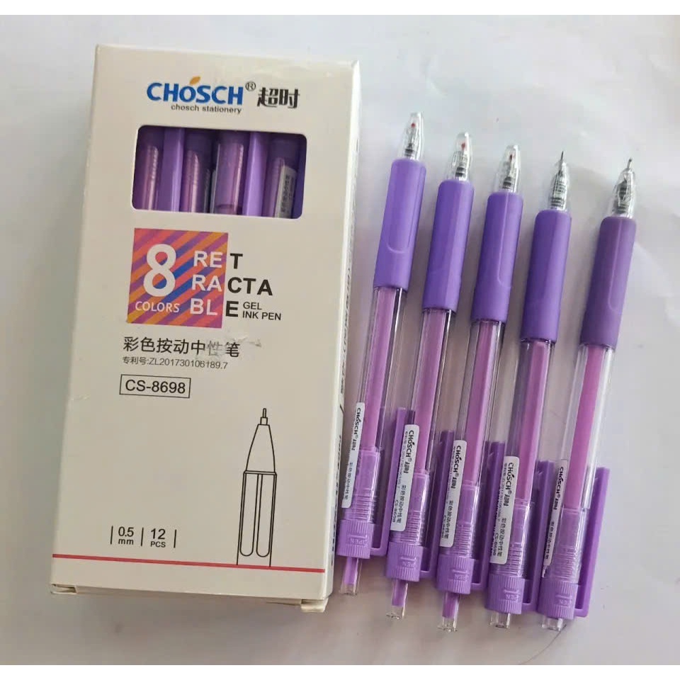 Hộp 12 cây bút gel nước bấm Chosch CS-8698 ngòi 0.5mm mực xanh, đỏ, tím.