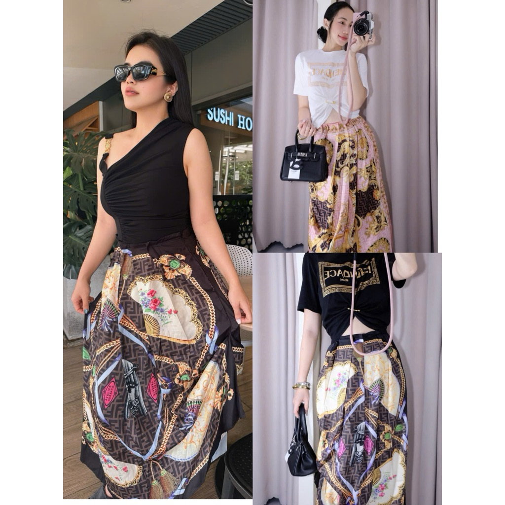 set áo kiểu nhún và váy lụa Versace nâu hồng