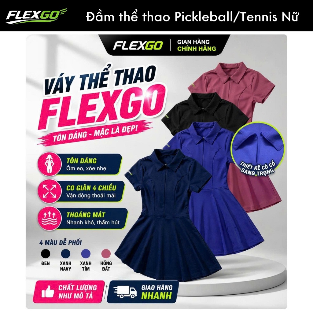 (Hỏa tốc HCM)Đầm Thể Thao Nữ có quần  FLEXGO Pickleball/Tennis Cao Cấp – Váy Polo Xòe Co Giãn, Thoáng Khí, Nhanh Khô