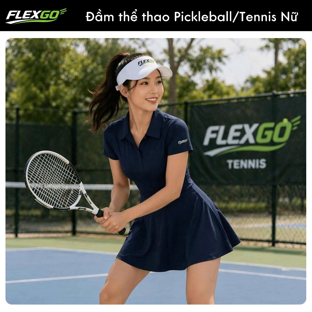 (Hỏa tốc HCM)Đầm Thể Thao Nữ có quần  FLEXGO Pickleball/Tennis Cao Cấp – Váy Polo Xòe Co Giãn, Thoáng Khí, Nhanh Khô