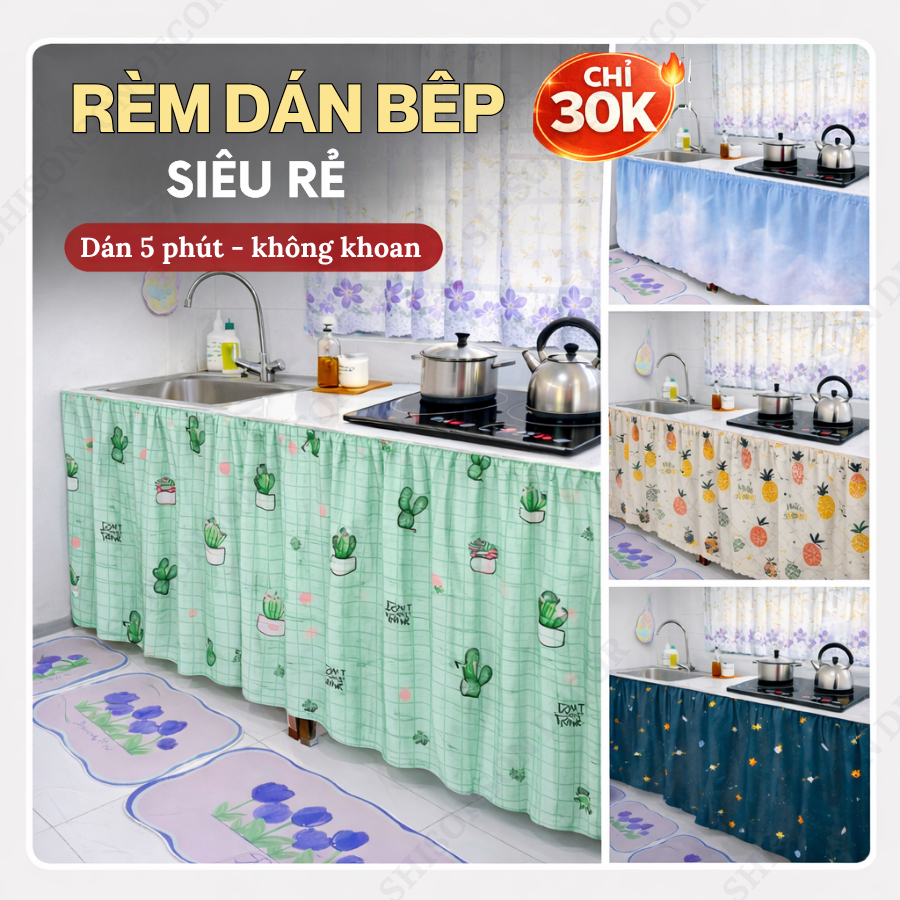 Rèm dán bếp che chắn gọn gàng sạch sẽ, chống bụi tốt, 20 mẫu độc quyền trang trí đẹp mắt, kích thước đa dạng