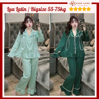 Đồ ngủ nữ bigsize 55-75kg, pijama dài tay bèo chạy viền phối nơ to lụa latin mịn mát 75DD31, đồ bộ nữ đồ mặc nhà trơn