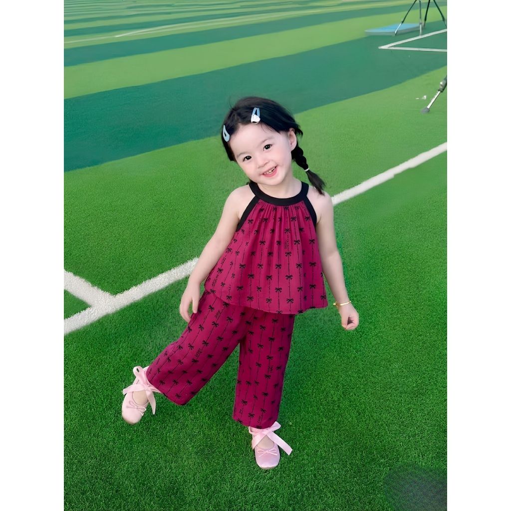 Bộ bé gái cổ yếm babydoll chất lụa phối quần in nơ xinh xắn dễ thương hè 2026 H89