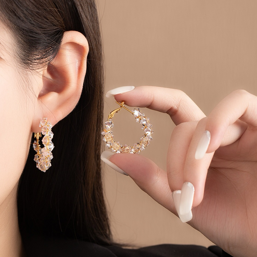 Khuyên Tai Mạ Vàng Kiểu Dáng Tròn Đính Đá Zircon phong cách Thái Sang Chảnh