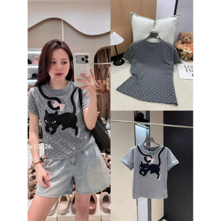 Áo phông cotton cổ tròn cộc tay hình mèo đen chấm hi form babytee #19966