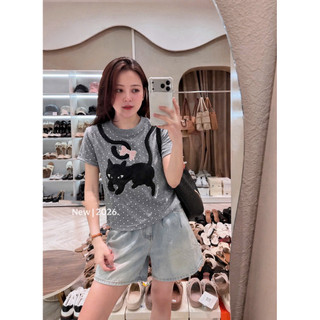 Áo phông cotton cổ tròn cộc tay hình mèo đen chấm hi form babytee #19966