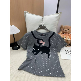 Áo phông cotton cổ tròn cộc tay hình mèo đen chấm hi form babytee #19966