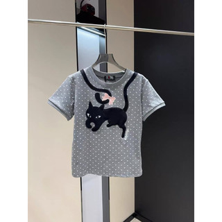 Áo phông cotton cổ tròn cộc tay hình mèo đen chấm hi form babytee #19966