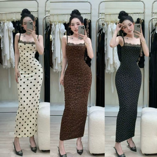 Đầm body hai dây hoạ tiết chấm bi xuông dài có xẻ sau chất thun gân
