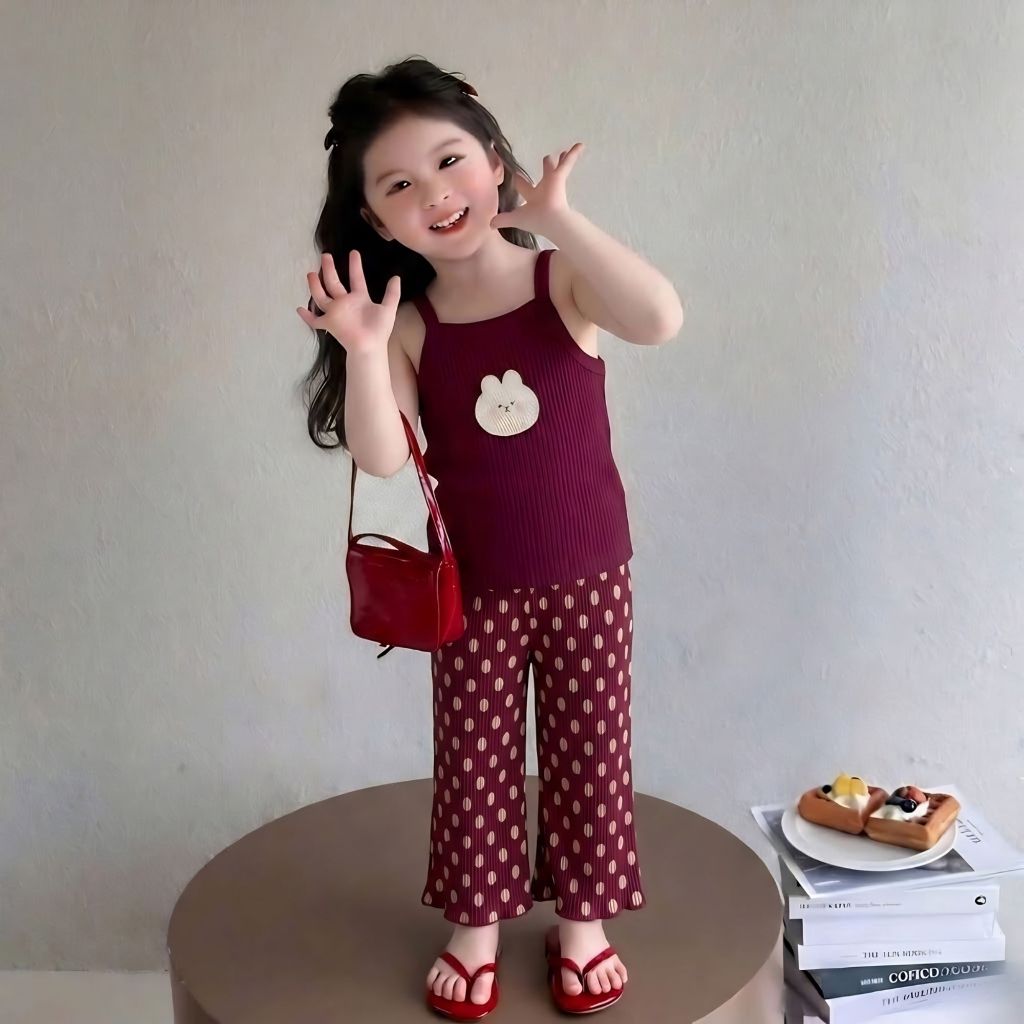 Bộ đồ bé gái chất tăm gân co giãn hoạ tiết thỏ và chấm bi dễ thương, mềm mịn thoáng mát cho bé gái đi chơi