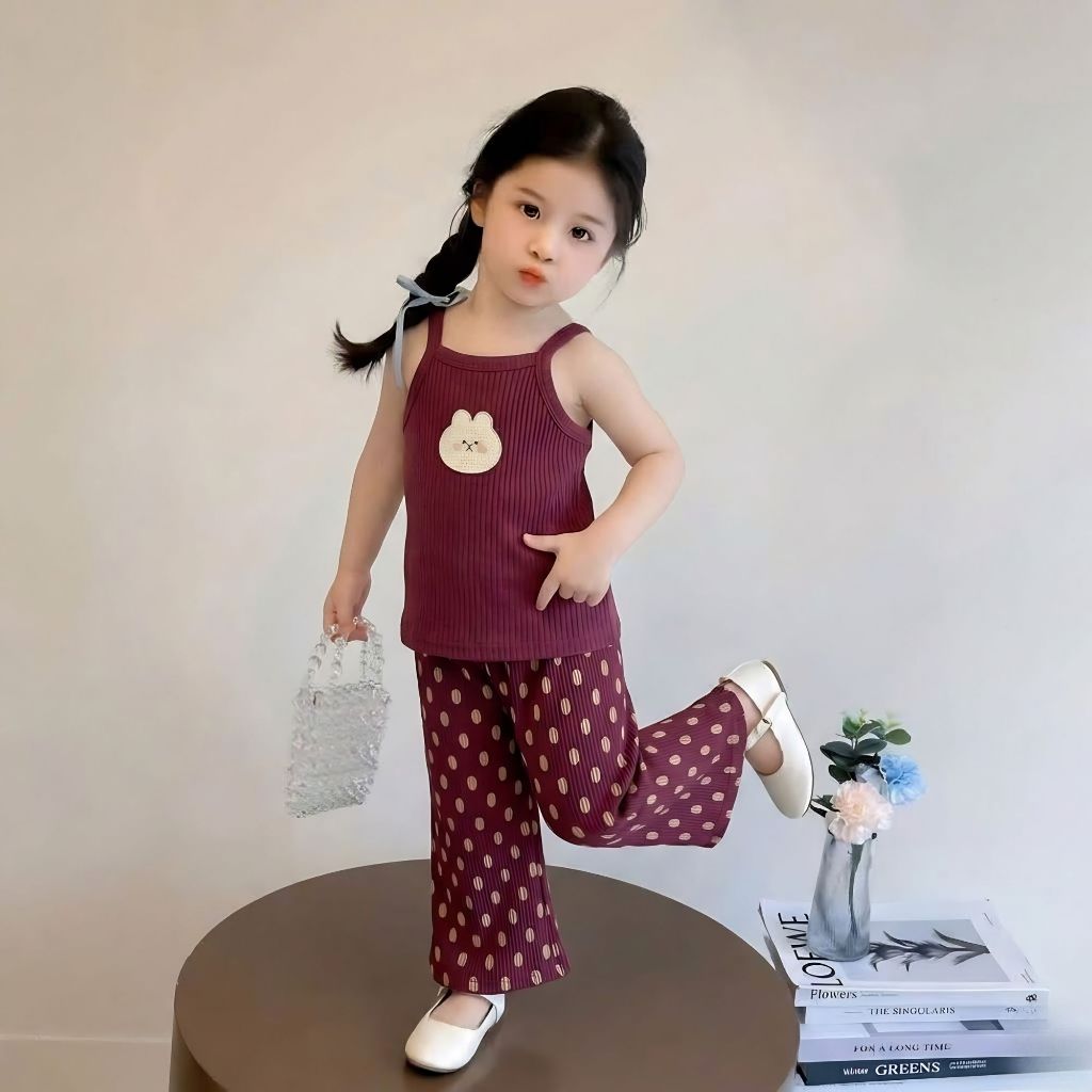 Bộ đồ bé gái chất tăm gân co giãn hoạ tiết thỏ và chấm bi dễ thương, mềm mịn thoáng mát cho bé gái đi chơi