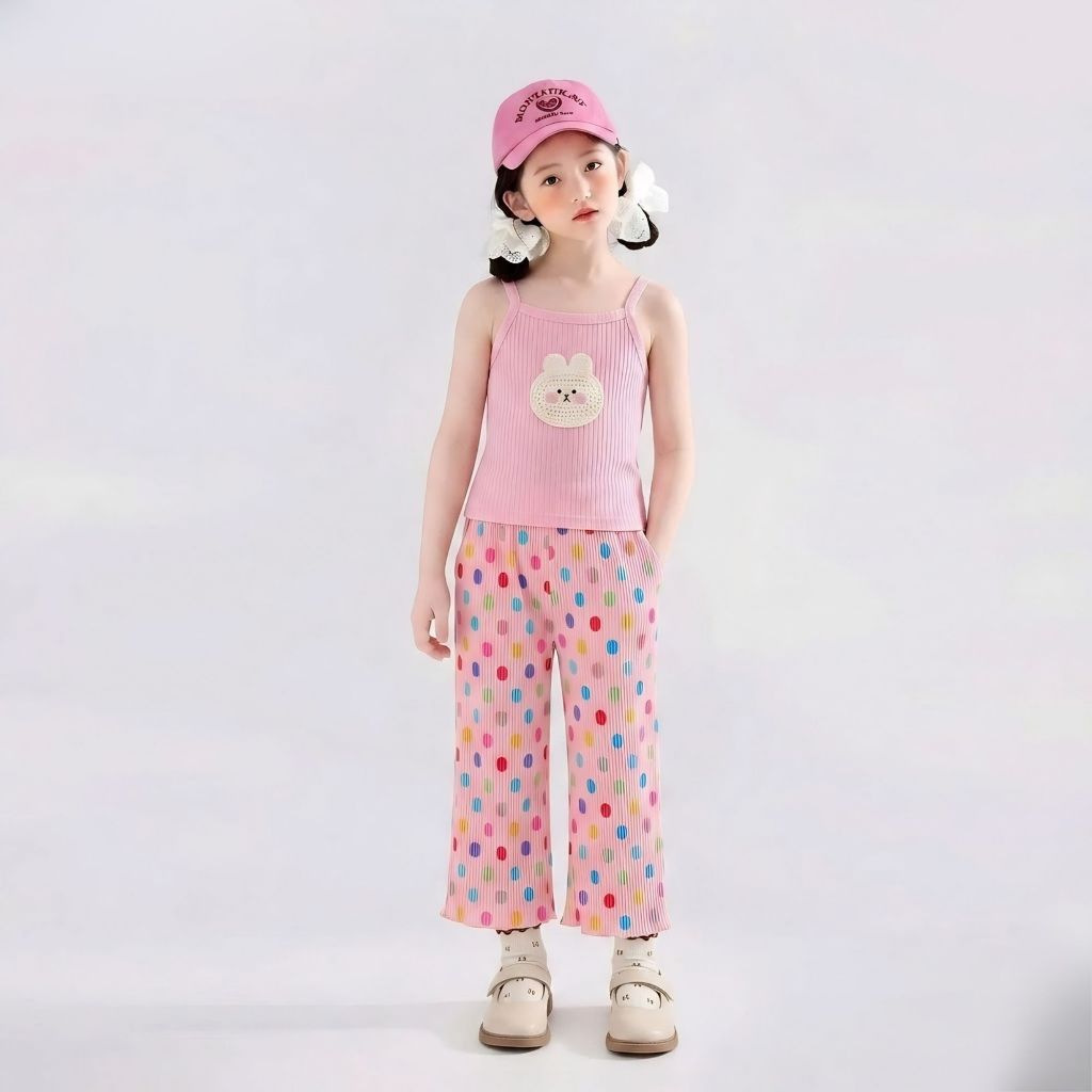 Bộ đồ bé gái chất tăm gân co giãn hoạ tiết thỏ và chấm bi dễ thương, mềm mịn thoáng mát cho bé gái đi chơi