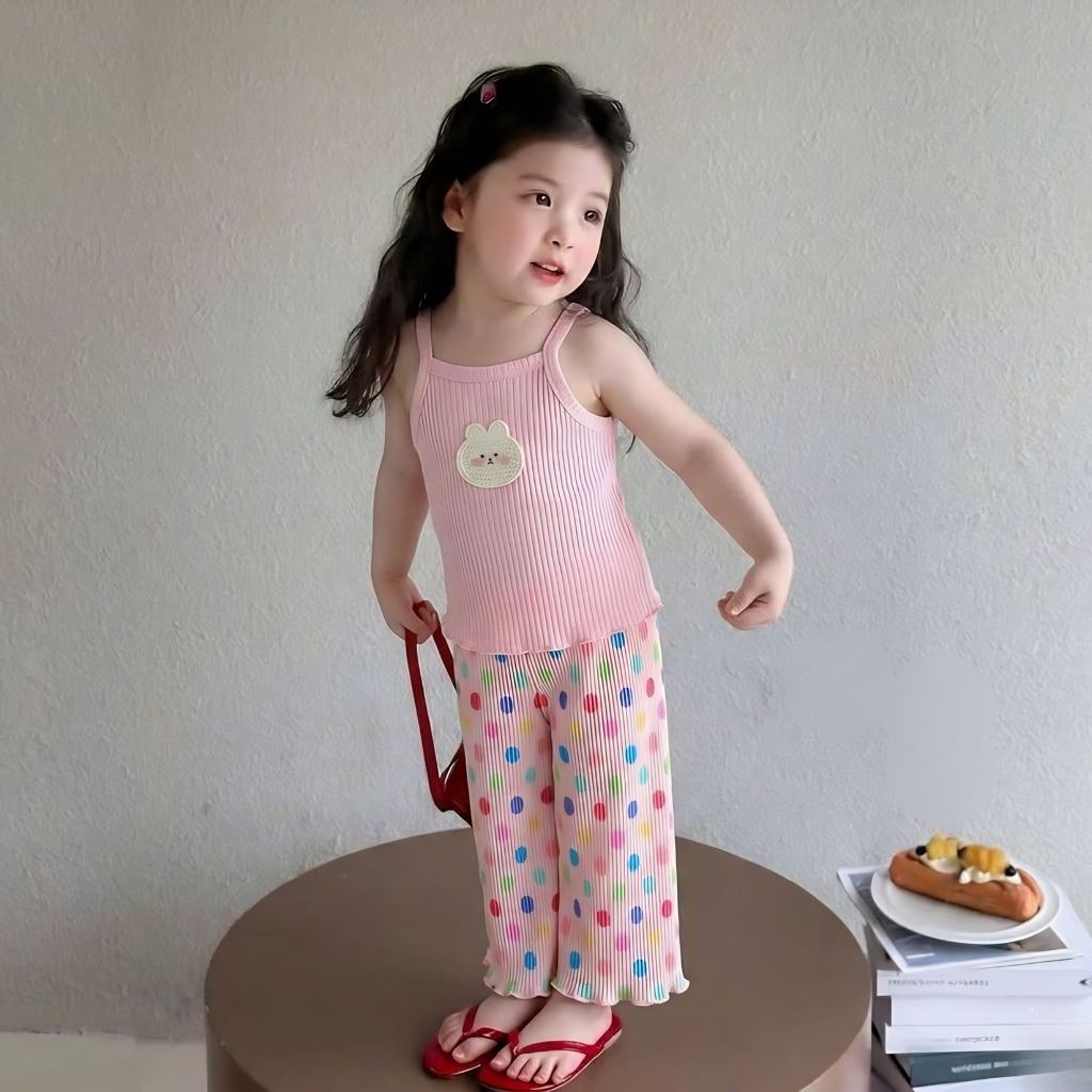 Bộ đồ bé gái chất tăm gân co giãn hoạ tiết thỏ và chấm bi dễ thương, mềm mịn thoáng mát cho bé gái đi chơi