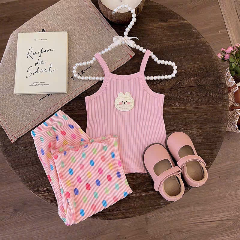 Bộ đồ bé gái chất tăm gân co giãn hoạ tiết thỏ và chấm bi dễ thương, mềm mịn thoáng mát cho bé gái đi chơi