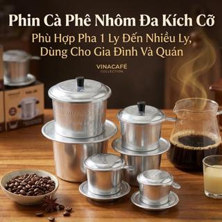 Phin cafe nhôm nhiều size, đủ kích cỡ từ nhỏ đến lớn phù hợp pha 1 ly cà phê hoặc pha nhiều ly cà phê dùng cho quán