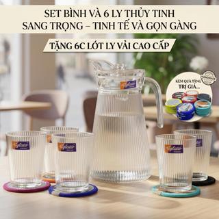 (KÈM QUÀ) Bộ Bình + 6 Ly Thủy Tinh Có Thiết Kế Tối Giản, Đẹp Mắt - TẶNG 6C LÓT LY VẢI