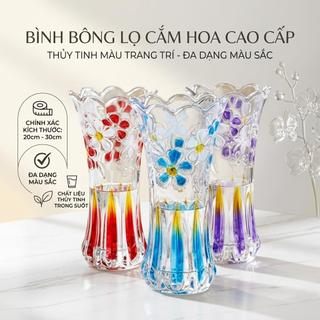 Bình bông lọ hoa thủy tinh in màu hoa văn cao cấp cao 20, 25, 30cm màu đỏ, màu xanh dương