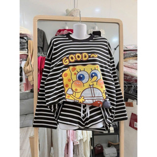 Set bộ đùi kẻ sọc poly in hình ( áo dài + quần đùi chất poly co dãn)