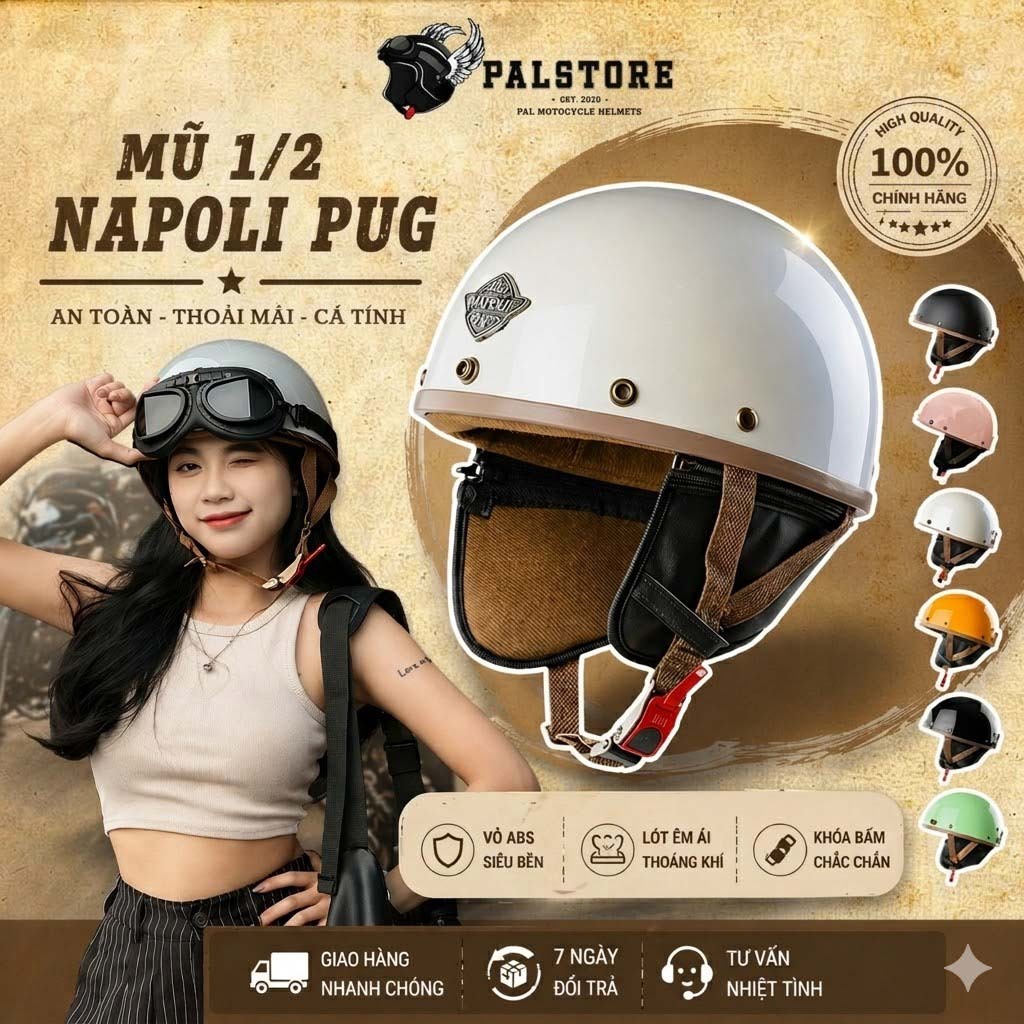 Mũ bảo hiểm Napoli N120 vintage 1/2 pug harley nửa đầu, đặt chuẩn Quatest.3 - Đủ màu