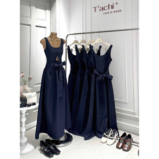 SEP House - Đầm midi chấm bi xanh đen hai dây cổ vuông co giãn phối đai nơ eo sang trọng thanh lịch - Ảnh thật