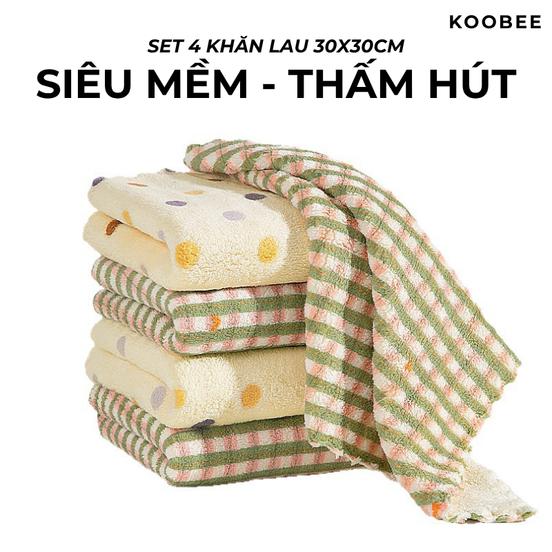 Set 4 Khăn Lau Đa Năng Lông Cừu San Hô 30x30cm KOOBEE – Siêu Mềm, Thấm Hút Mạnh, Không Xơ, Không Xù Lông | 354