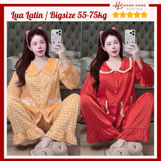 Đồ ngủ nữ bigsize 55-75kg, pijama dài tay cổ sen bèo lụa latin mịn mát 75DD24, đồ bộ nữ đồ mặc nhà tiểu thư dễ thương