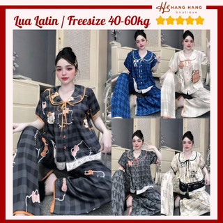 Bộ đồ ngủ pijama nữ 40-60kg dài cộc tay bồng cổ sen xếp ly nhún ngực dễ thương sang chảnh vải lụa latin mịn mát 60CD36