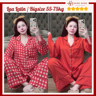 Đồ ngủ nữ bigsize 55-75kg, pijama dài tay bo chun chạy viền lụa mịn latin 75DD10, đồ bộ nữ đồ mặc nhà tiểu thư dễ thương