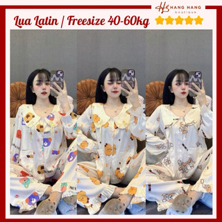 Đồ ngủ nữ 40-60kg, pijama dài tay dài cổ sen 2 nơ lụa latin mịn mát 60DD59, đồ bộ nữ đồ mặc nhà tiểu thư cute dễ thương