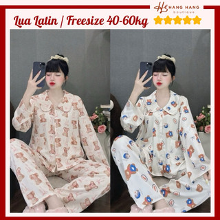 Đồ ngủ nữ 40-60kg, pijama dài tay dài cổ sen dáng rộng lụa latin mịn mát 60DD57, đồ bộ nữ đồ mặc nhà hoạt hình dễ thương