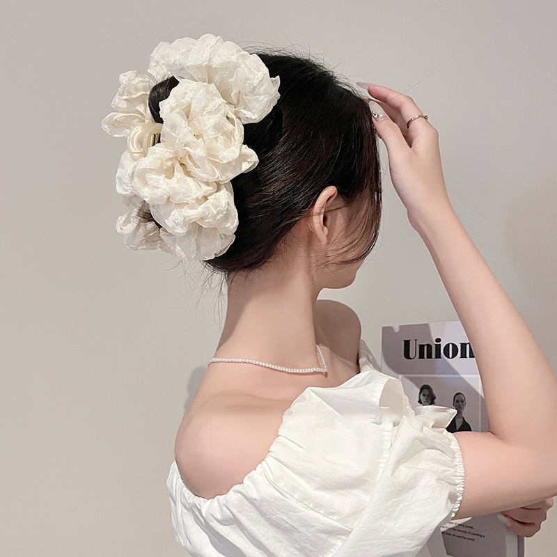 Kẹp tóc càng cua bọc voan hoa bản lớn Hàn Quốc – Kẹp tóc nữ giả scrunchie bông xù