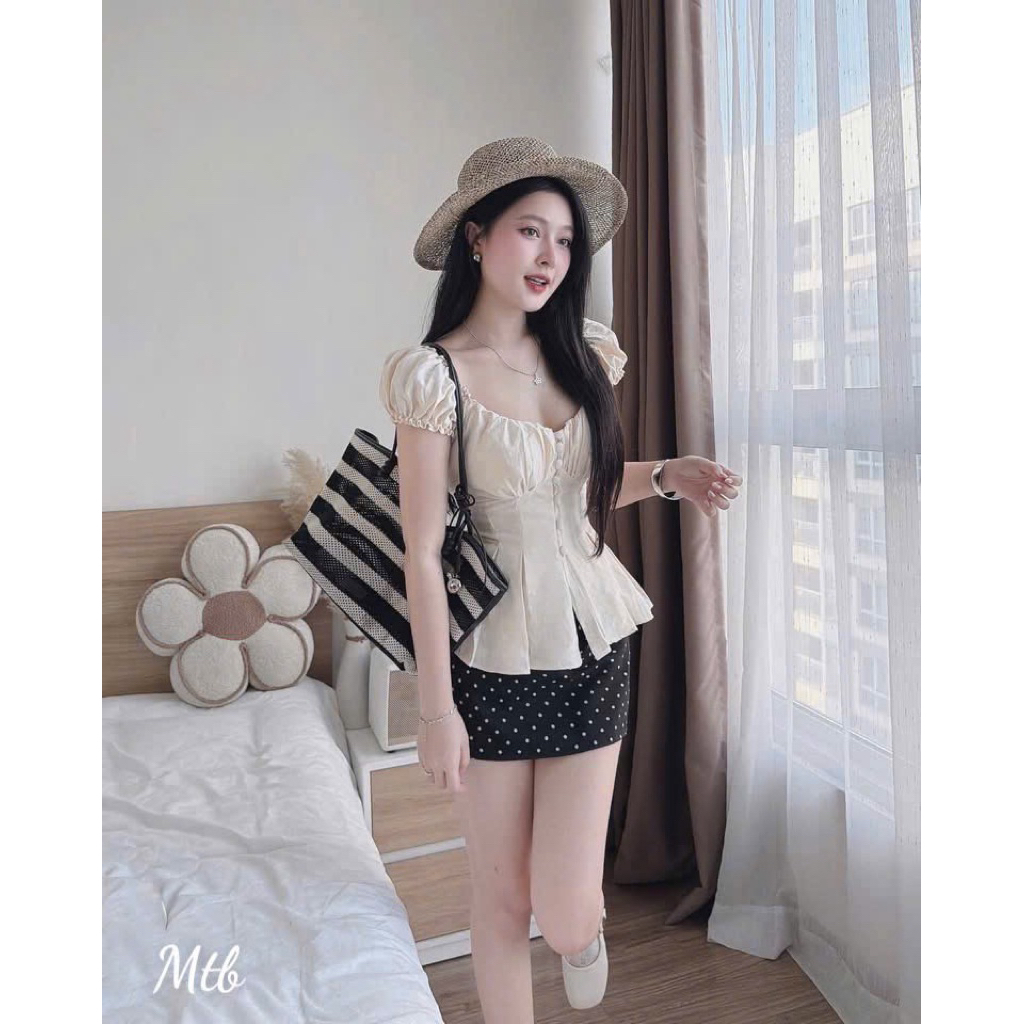 Set Áo Babydoll Kiểu Xinh Nữ Vạt Xoè Phối Cúc Bọc Vải Mùa Hè Xinh