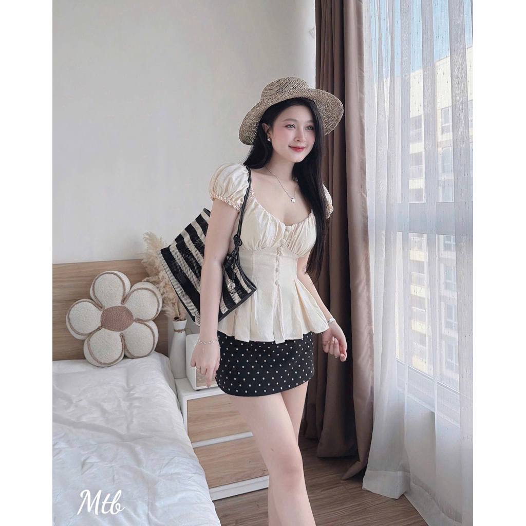 Set Áo Babydoll Kiểu Xinh Nữ Vạt Xoè Phối Cúc Bọc Vải Mùa Hè Xinh
