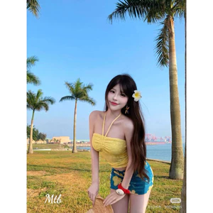 Set Áo Quây Cúp Ngực Ren Hoa Thắt Dây Điệu Đà, Áo Quây Co Giãn Mềm Mịn Kèm Chân Váy Đi Biển Xinh