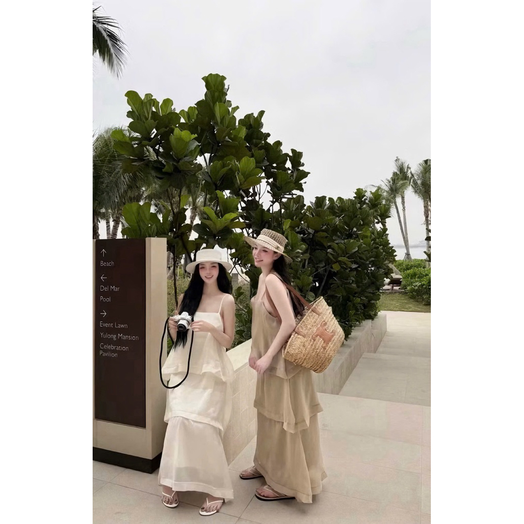 Váy Tơ Lụa Bèo Tiểu Thư Đi Chơi Đi Biển, Váy Maxi Tơ Lụa Dáng Xuông Nhiều Tầng Tiểu Thư